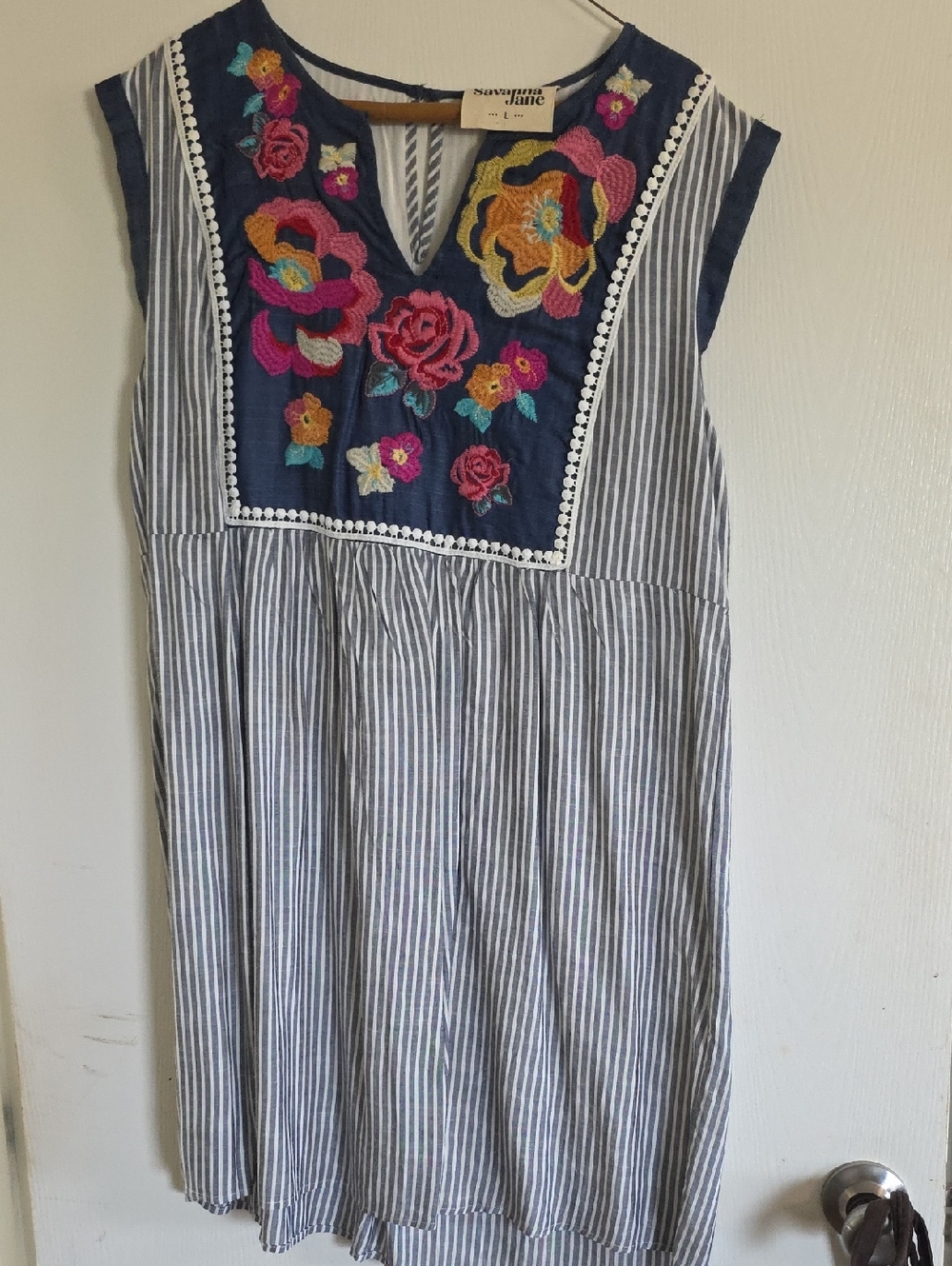 Savanna Jane Navy and White Striped Dress with Colorful Floral Embroidery
